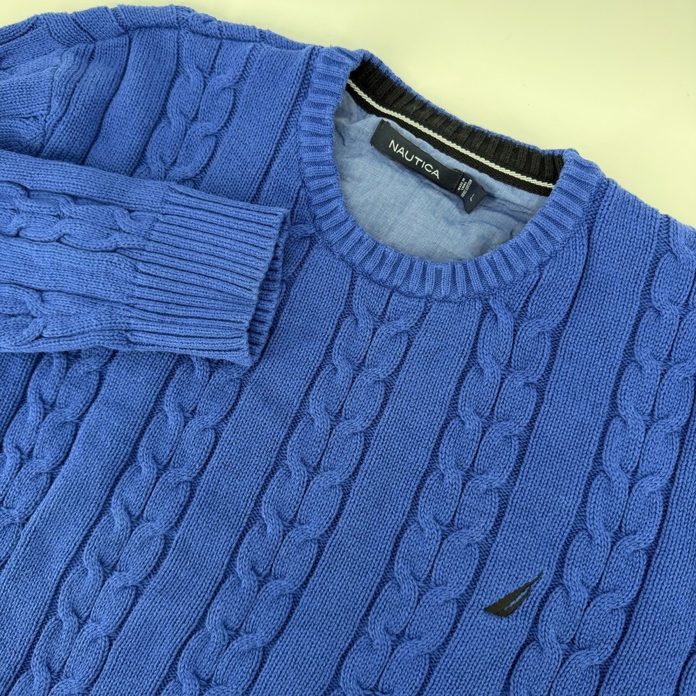 Nautica Mens Royal Blue Cable Knit Cotton Crewneck Sweater Large Logo Pullover
